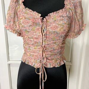 Floral Ruched Tie-Front Peasant Top - Pink